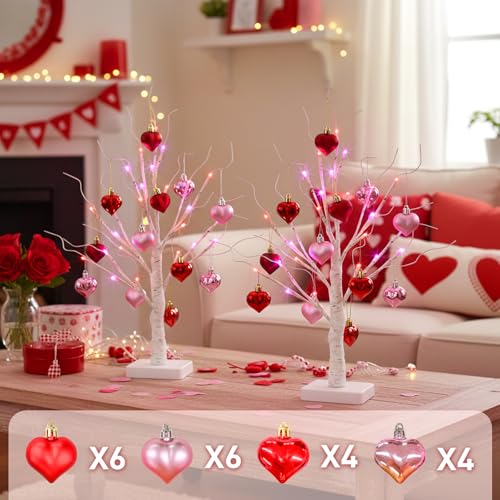 Valentines Day Decorations 2Pack Birch Tree with Hanging Heart (2 Count)