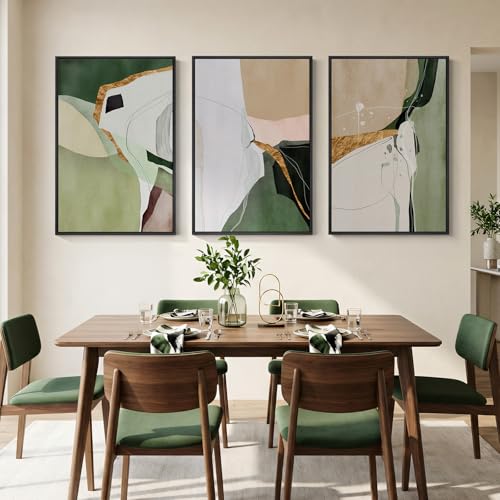 Large Framed Sage Green Abstract Wall Art for Living Room (3 Count)