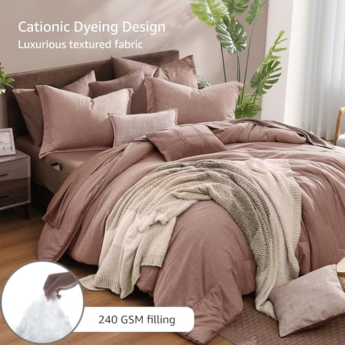Full Comforter Set 7 Pieces Dusty Pink Cationic Dyeing Bed in a Bag