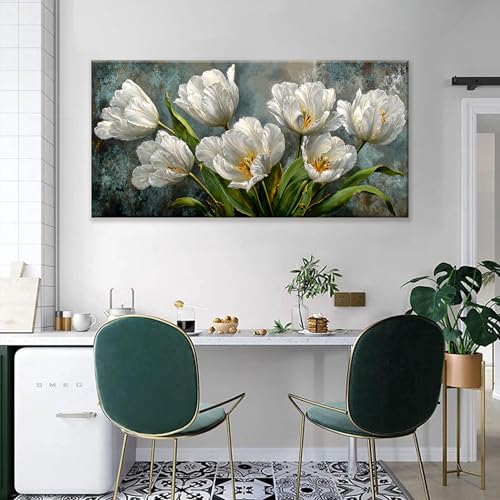 Large Canvas Wall Art Decor White Tulip Flower Canvas Art Wall Decor For Living Room Modern Floral Botanical Wall Art Prints Elegant Nature Flower Wall Art For Bedroom Home Office Wall Decor 24"×48"