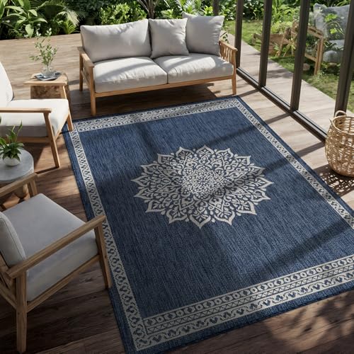 Outdoor Rug 6x9 Medallion Blue Modern Area Rugs for Indoor and Outdoor Patios Kitchen and Hallway Mats Washable Porch Deck Outside Carpet (60 Sq Ft)