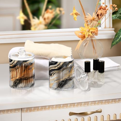 2 Pack Qtip Holder Organizer Dispenser Black Gold Grey Marble Texture Bathroom Storage Canister Cotton Ball Holder Container for Cotton Pads (2 Count)