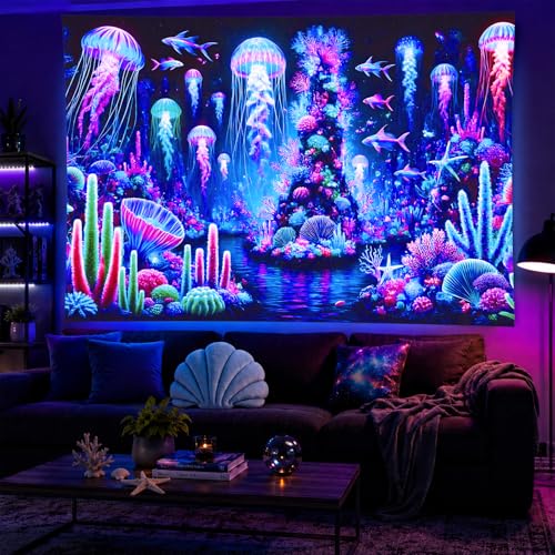 Blacklight Tapestry Jellyfish Ocean Decor 78x59 Inch