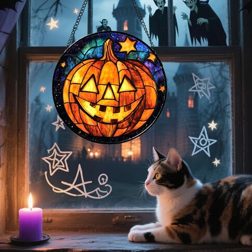 Stained Glass Window Hanging Halloween Horror Golden Pumpkin 9.8"
