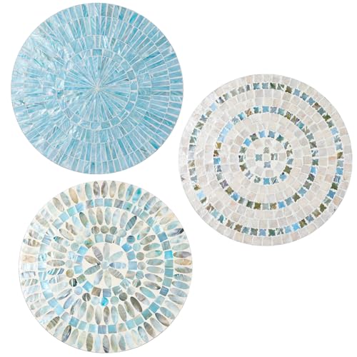 3 Pcs 11.8 Inches Spring Summer Blue Mother of Pearl Shell Plate Coastal Wall Art Mosaic Wall Sculpture Shell Handmade Hanging Plates Arts for Bedroom Bathroom Home Office Hotel (3 Count)