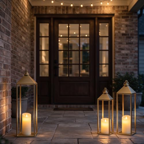 3 Pcs Large Gold Decorative Lanterns with Candles