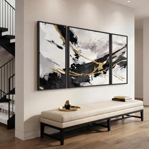 Extra Large Framed Black White and Gold Abstract Wall Art for Living Room (3 Count)
