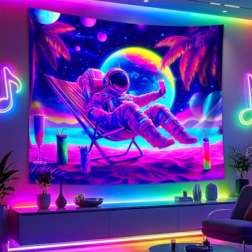 Blacklight Space Astronaut Tapestry UV Reactive Galaxy Planet Glow in Dark Tapestries Black Light Poster Neon Wall Hanging Art for bedroom Living Room