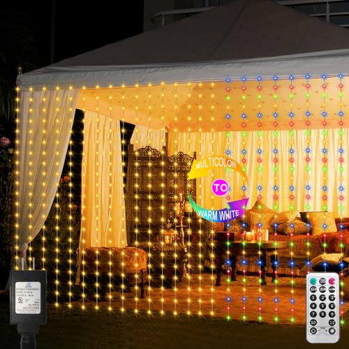 20Ft x 10Ft Large Curtain Lights Plug in Warm White & Multicolor (600 Count)