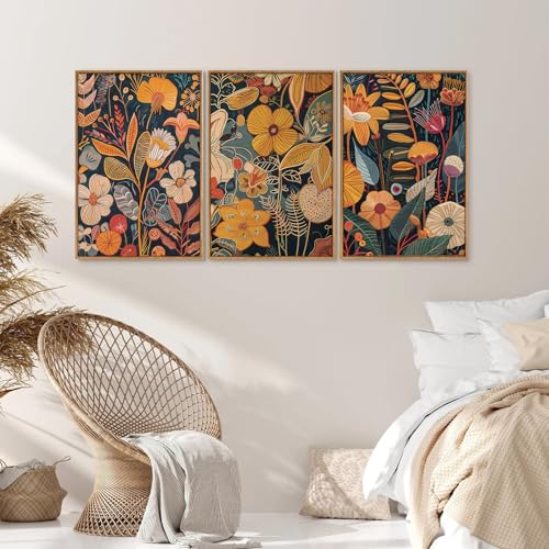 Orange Floral Framed Canvas Wall Art Set of 3 (3 Count)