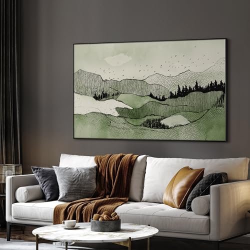 36"x60" Extra Large Framed Wall Art Green Line Art Mountain Landscape Illustration for Home Living Room Bedroom Decor