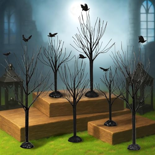 6 Pcs Halloween Village Trees with Crows (6 Count)