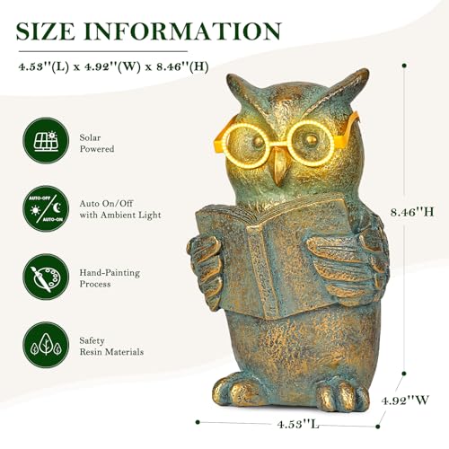 Reading Owl Statue with Solar Glasses Garden Decor Gift for Women