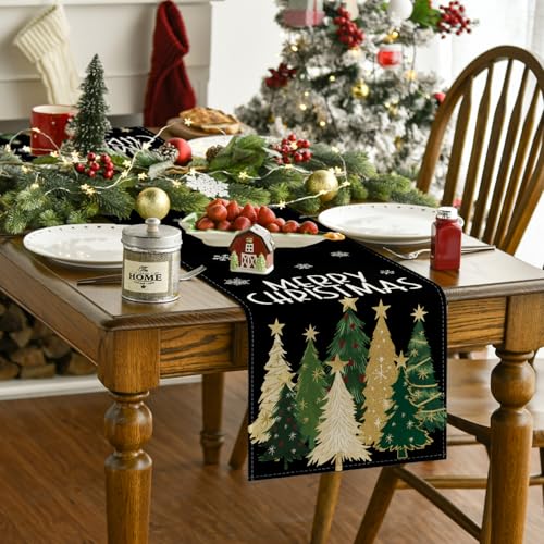 Xmas Trees Snowflakes Black Merry Christmas Table Runner