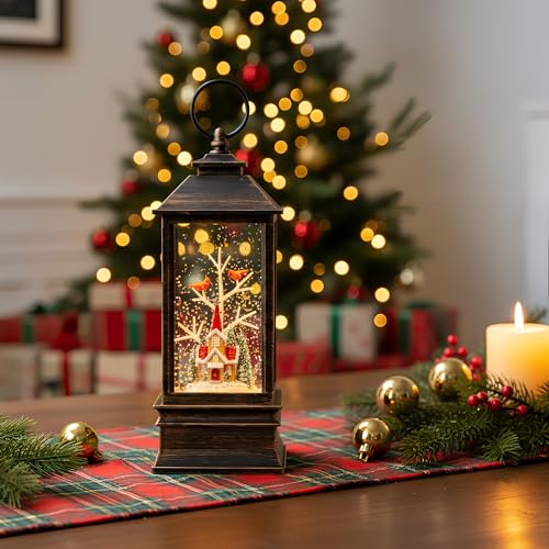 10'' Christmas Snow Globe Lantern Lighted Christmas Village Church Scene Musical Water Lantern with Swirling Glittering Home Decoration and Gift