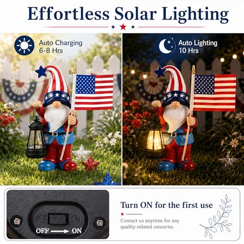 Solar Patriotic Gnomes Statues with Flag for Garden Decor