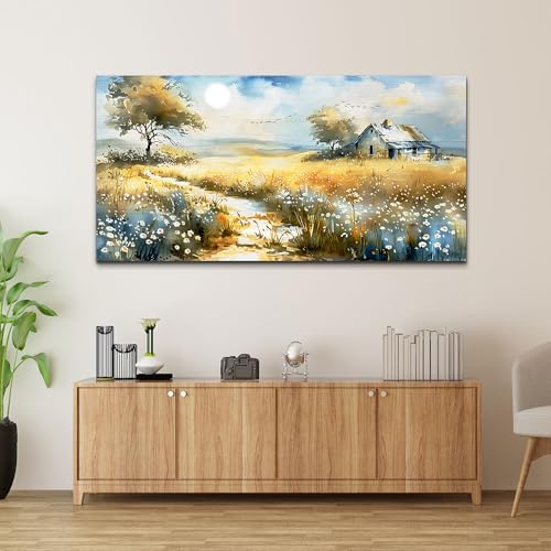 Wildflower Field Landscape Painting Modern Canvas Print Wall Art Rural Field Mural Artwork Living Room Dining Room Wall Decoation For Bedroom Office Farmhouse Home Decoration 24x48 Inches
