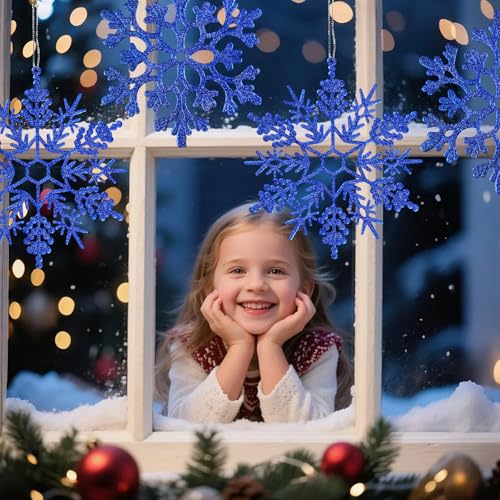 6pcs Large Navy Blue Snowflakes Ornaments 12" Big Plastic Glitter Snowflake for Winter Indoor Outdoor Christmas Tree Window Room Decorations Giant Craft Snowflakes (6 Count)