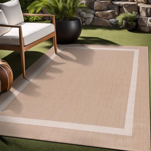 Bordered Outdoor Rug 5x7 Washable Outside Carpet for Indoor Patio Porch Waterproof Easy Cleaning Non Shedding Area Rugs Beige 5 x 7