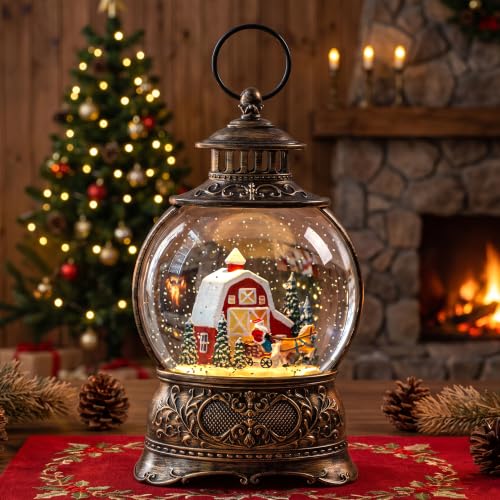 Christmas Snow Globes Christmas Water Lantern with Carriage Red barn Farm Scene Music & 6H Timer USB Lined
