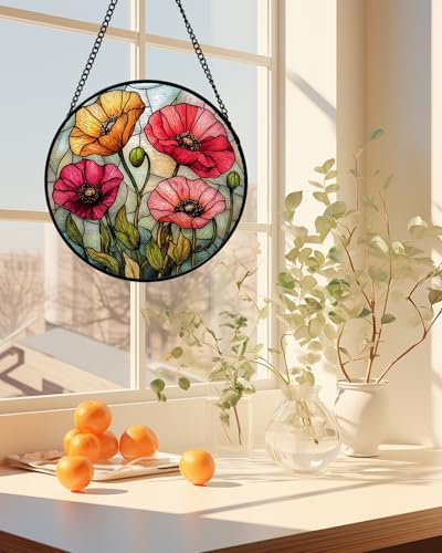 Poppy Flower Stained Glass Window Hanging Suncatcher Gifts for Women 6.3"