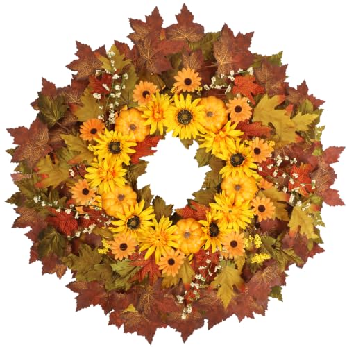 28 Inch Fall Wreath for Front Door Outside Large Artificial Autumn Wreath with Orange Sunflowers Maple Leaves Pumpkins Fall Decoration for Home Farmhouse Door Wreath for Harvest Thanksgiving