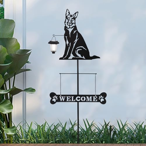 Solar German Shepherd Silhouette Dog Breed Welcome Sign with a Lantern