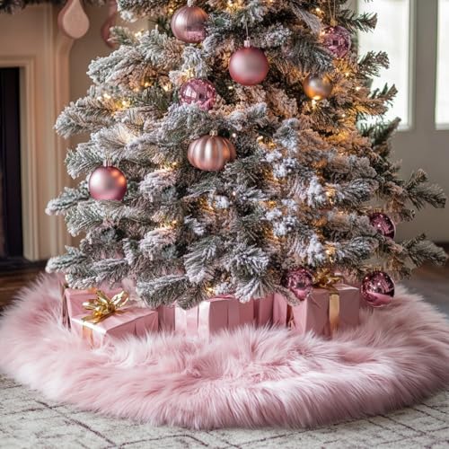 60 Inch Pink Christmas Tree Skirt Plush Decoration for Merry Christmas Party