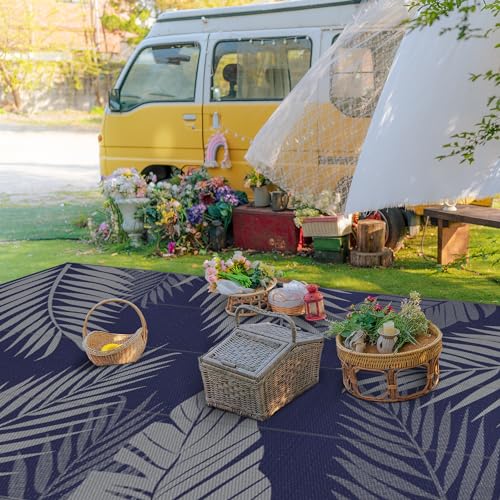 Outdoor Rug Waterproof Plastic Rugs 9'x18' for Camping Blue Grey
