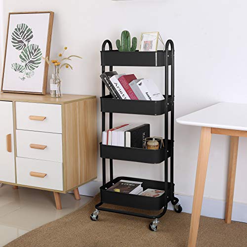 4 Tier Metal Mesh Utility Rolling Cart Storage Organizer Shelf Rack with Lockable Wheels for Living Room Kitchen Office