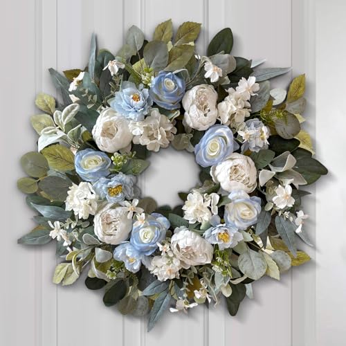 24 Inch Spring White Peony Wreath Baby Blue Rose Front Door