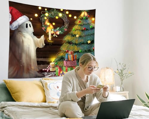 Christmas Tapestry Wall Hanging Christmas Tree Backdrop Cute Ghost Wall Decor Xmas Holiday Tapestries for Kids Bedroom Living Room Dorm Party Decoration