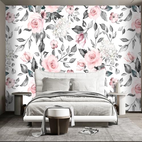 Grey Leaf Pink Flowers Mural Bedroom Floral Wallpaper Room Decor Living Room tv Background Large wall Mural (41.07 Sq Ft)