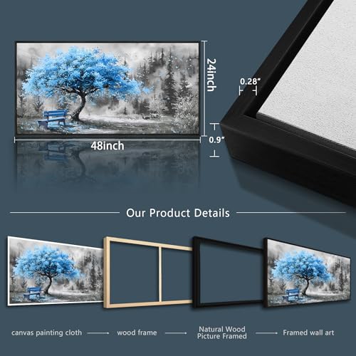 Large Black Framed Wall Decor For Living Room Canvas Wall Art For Office Modern Wall Decorations For Bedroom Blue Tree Landscape Paintings Black And White Pictures Home Decor 24x48 In