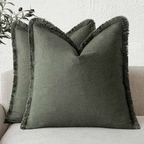 Decorative Linen Fringe Throw Pillow Covers 20×20 Dark Green (2 Count)
