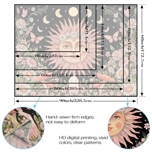 Boho Pink Sun Moon Phase Daisy Flower Floral Tapestry 48 x 36 Inch
