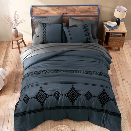 Embroidery Queen Comforter Set 7 Pieces Blue Grey Bed in a Bag
