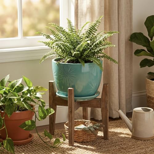 7 Inch Turquoise Ceramic Planter Pot with Drainage Hole & Saucer