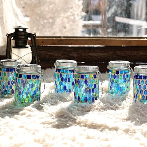6 Pack Mosaic Lanterns Outdoor Waterproof with 215% Larger Solar Panel (6.02 Count)