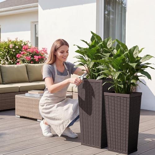 24" Front Porch Resin Rattan Tall Planters 2 Pack (2 Count)