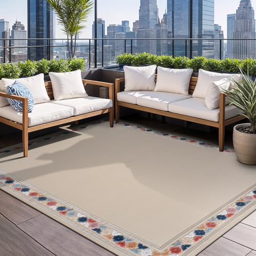 Outdoor Rug 9x12 Modern Bordered Large Area Rugs for Indoor and Outdoor Patio Easy to Clean Non Shedding Living Room Porch Garden Washable Outside Carpet