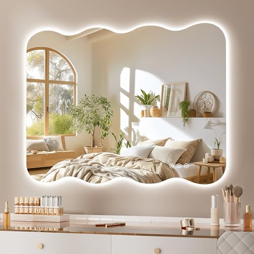 28"x20" Wavy Mirror with Lights Frameless Backlit LED Wall Mirror