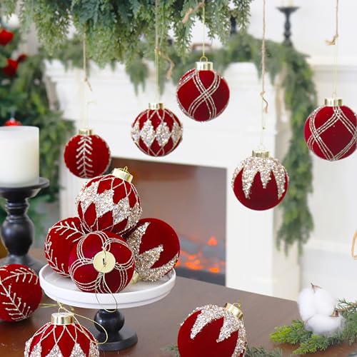 4IN Large Velvet Christmas Ornaments with Glitter (9 Count)