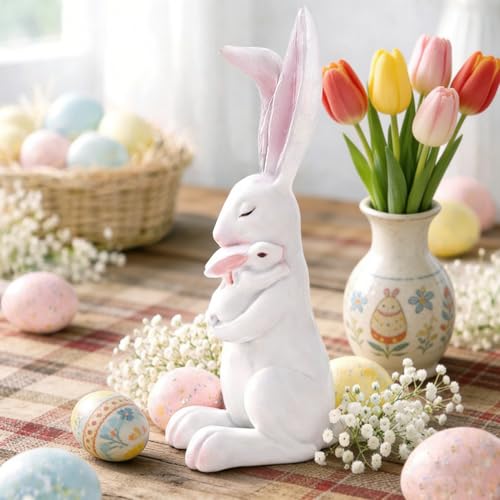Easter Bunny Figurine Cartoon Cute Mother and Child Rabbit Desk Display Ornament Cute Rabbit Mom Holding a Little Rabbits Resin Easter Statue for Home and Office Tabletop Decor Supplies