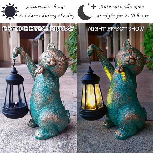 Cat Garden Statue Outdoor Décor with Solar Lights Lantern