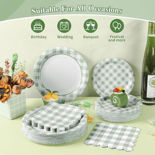 150Pcs Sage Green Gingham Paper Plates and Napkins Green Plaid Plates (150 Count)