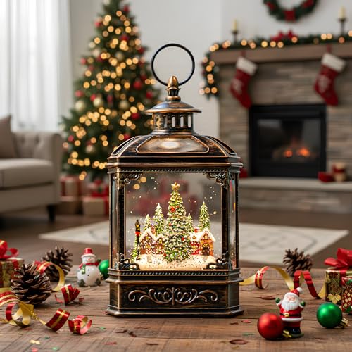 Christmas Village Snow Globe Lantern Musical Lighted Village House Water Lantern in Swirling Glitter