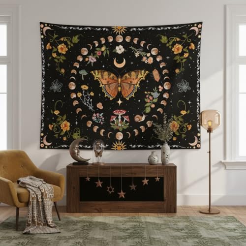 Orange Butterfly Moon Flower Tapestry Botanical Floral Plant Boho Tapestry for Bedroom Aesthetic Vintage Tapestries Wall Hanging for Living Room Dorm