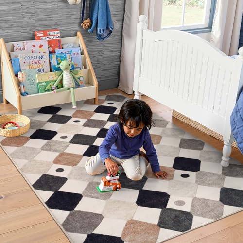 4x6 Checkered Area Rug Washable Classroom Kids Rug Marble (24 Sq Ft)
