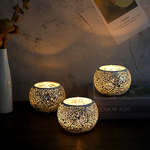 3PCS Mosaic Glass Tea Light Holders Round Bowl Votive Candle Holders